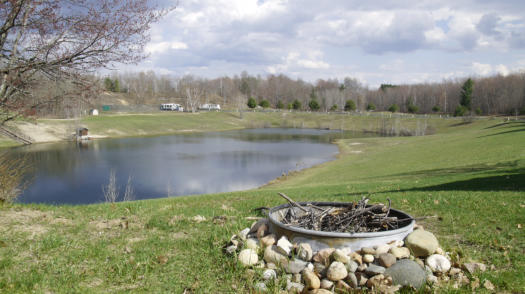 This is an aerial  picture of the pond at Beaver Creek Resort in Gaylord, MI