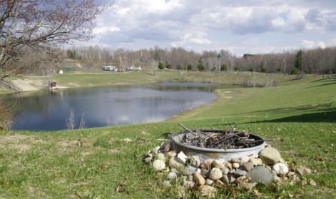 This is an aerial  picture of the pond at Beaver Creek Resort in Gaylord, MI